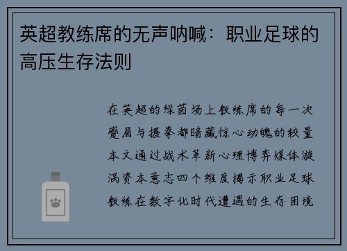 英超教练席的无声呐喊：职业足球的高压生存法则